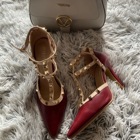 Metin Red Matte Leather Studded Strapped Heels - Picture 2 of 3